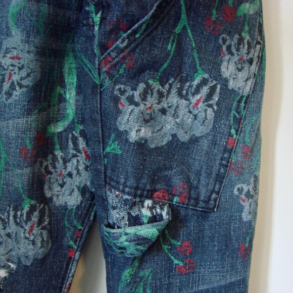Denim Jean Overalls Japanese Floral Artsy Distressed Carpenter Loose Fit Large - Picture 11 of 16